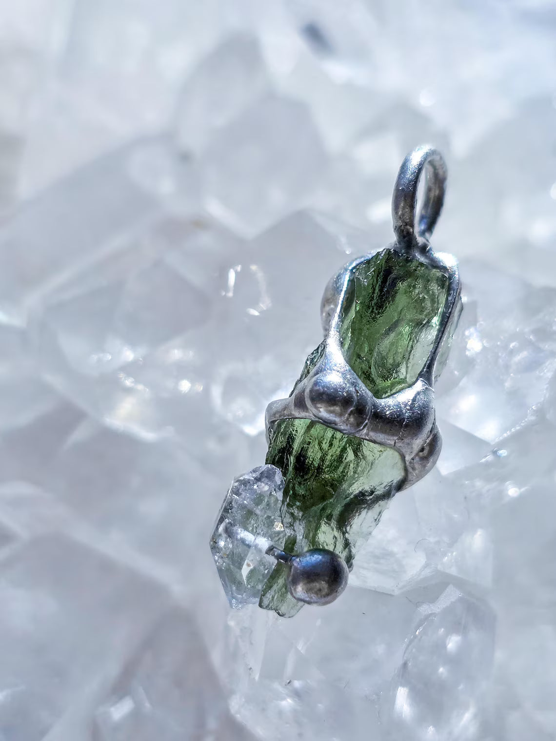 Moldavite & Herkimer Diamond Pendant, Chlum, 2.40g