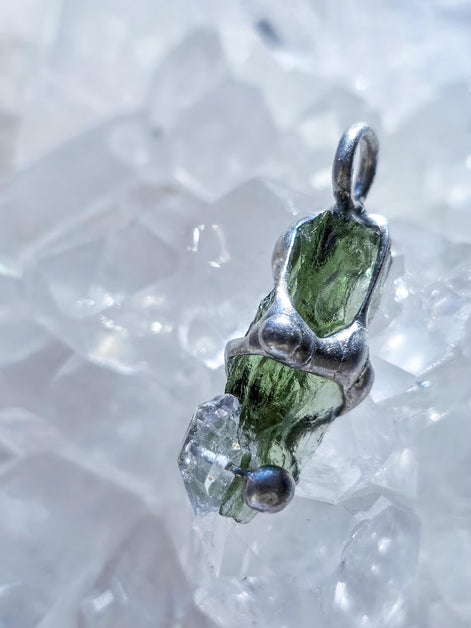 Moldavite & Herkimer Diamond Pendant, Chlum, 2.40g