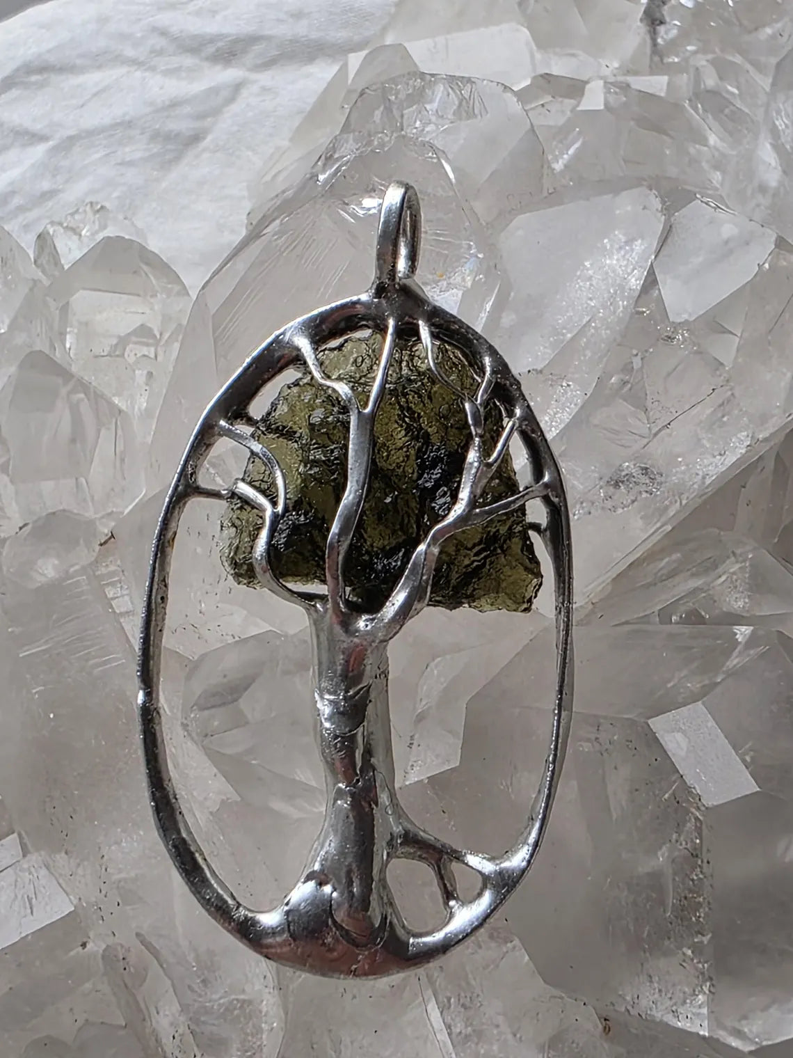 Olive-Green Moldavite Tree Pendant, Chlum, 2g