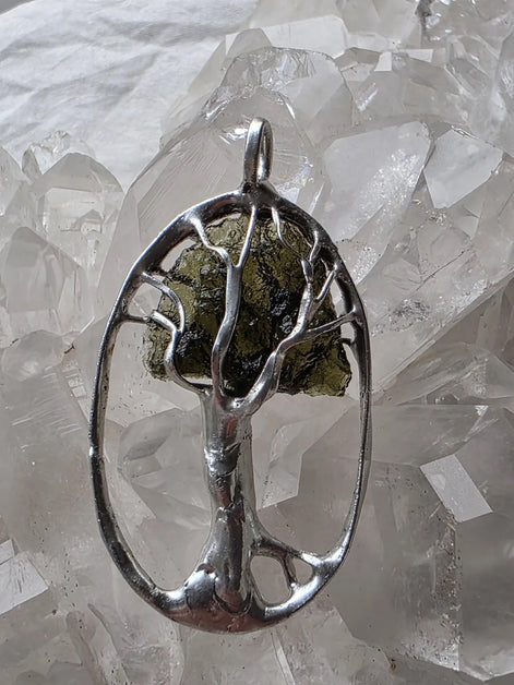 Olive-Green Moldavite Tree Pendant, Chlum, 2g