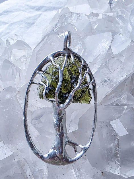 Olive-Green Moldavite Tree Pendant, Chlum, 2g