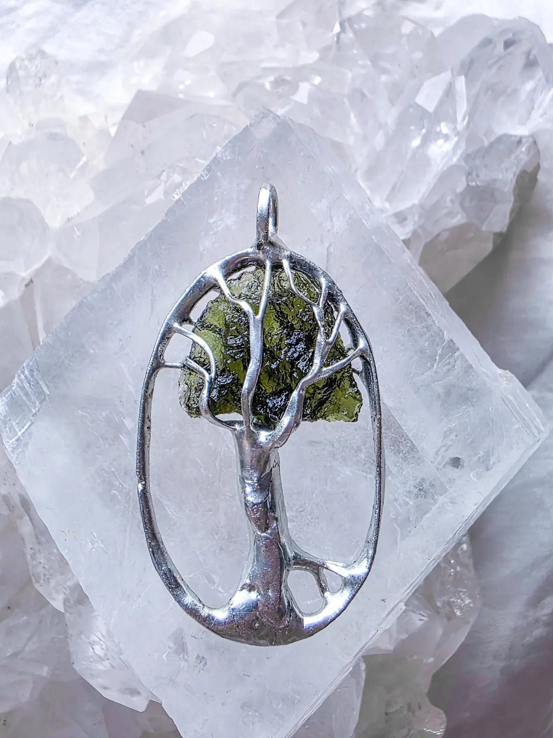 Olive-Green Moldavite Tree Pendant, Chlum, 2g