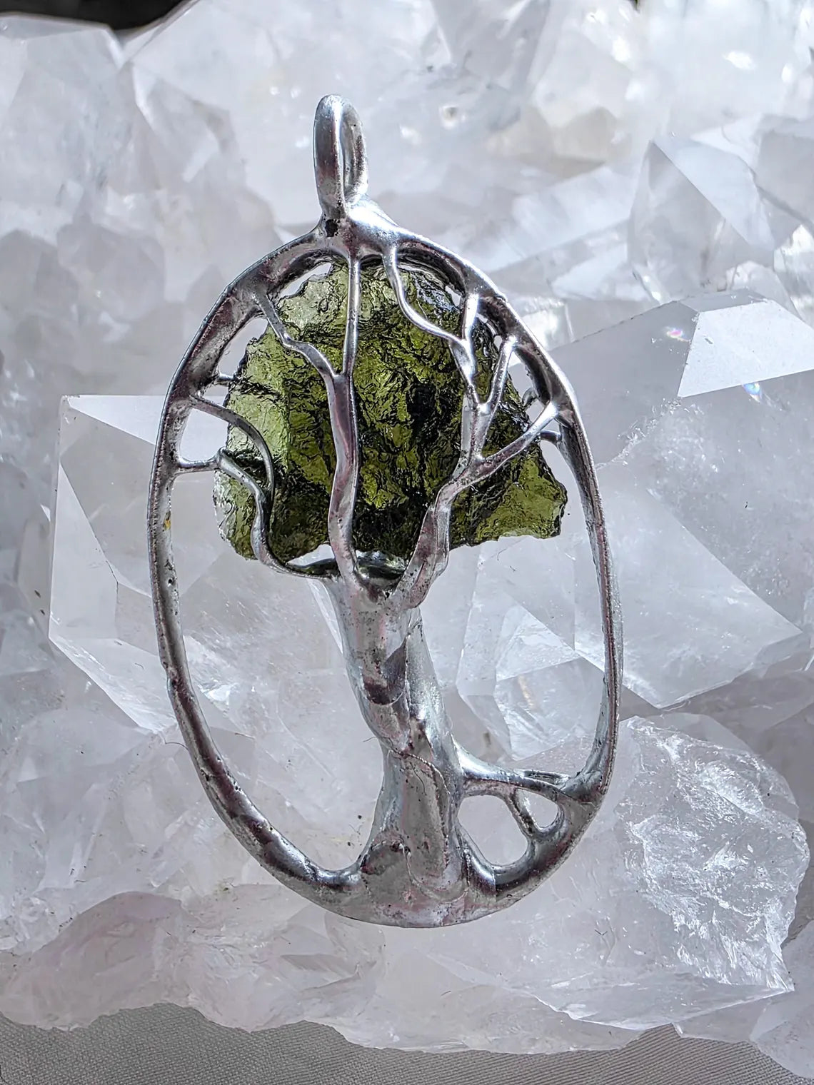 Olive-Green Moldavite Tree Pendant, Chlum, 2g