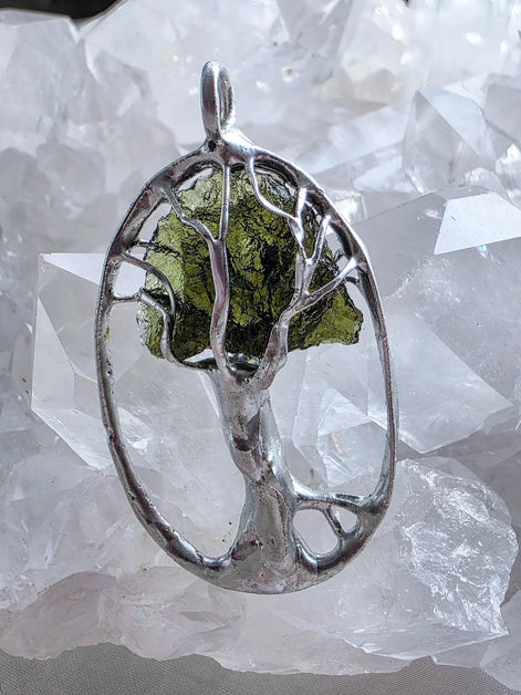 Olive-Green Moldavite Tree Pendant, Chlum, 2g