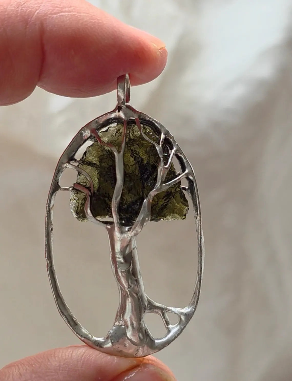 Olive-Green Moldavite Tree Pendant, Chlum, 2g