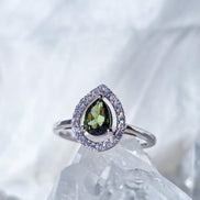 Pear-Cut Faceted Moldavite Ring, Chlum, 0.45g