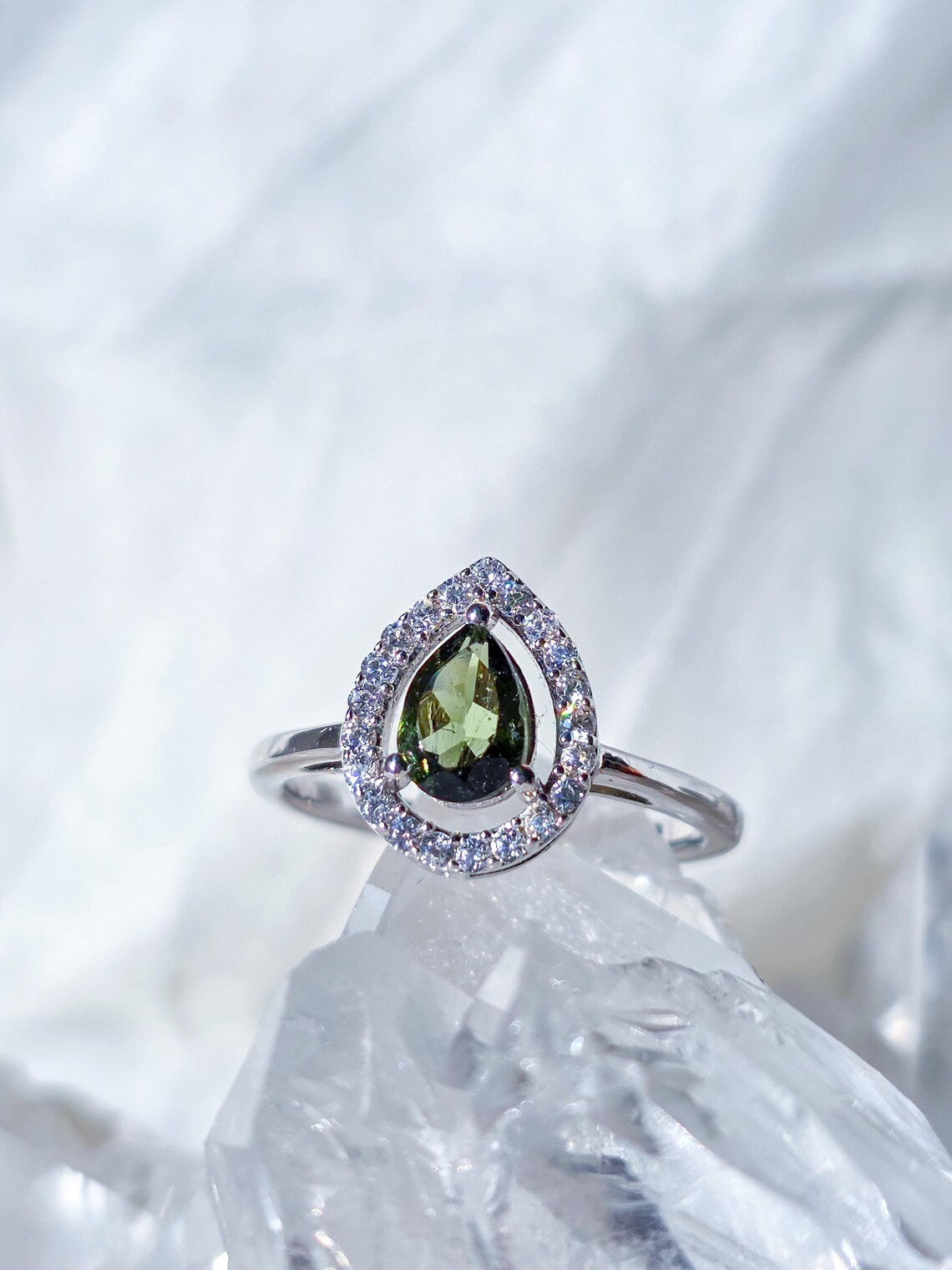 Pear-Cut Faceted Moldavite Ring, Chlum, 0.45g