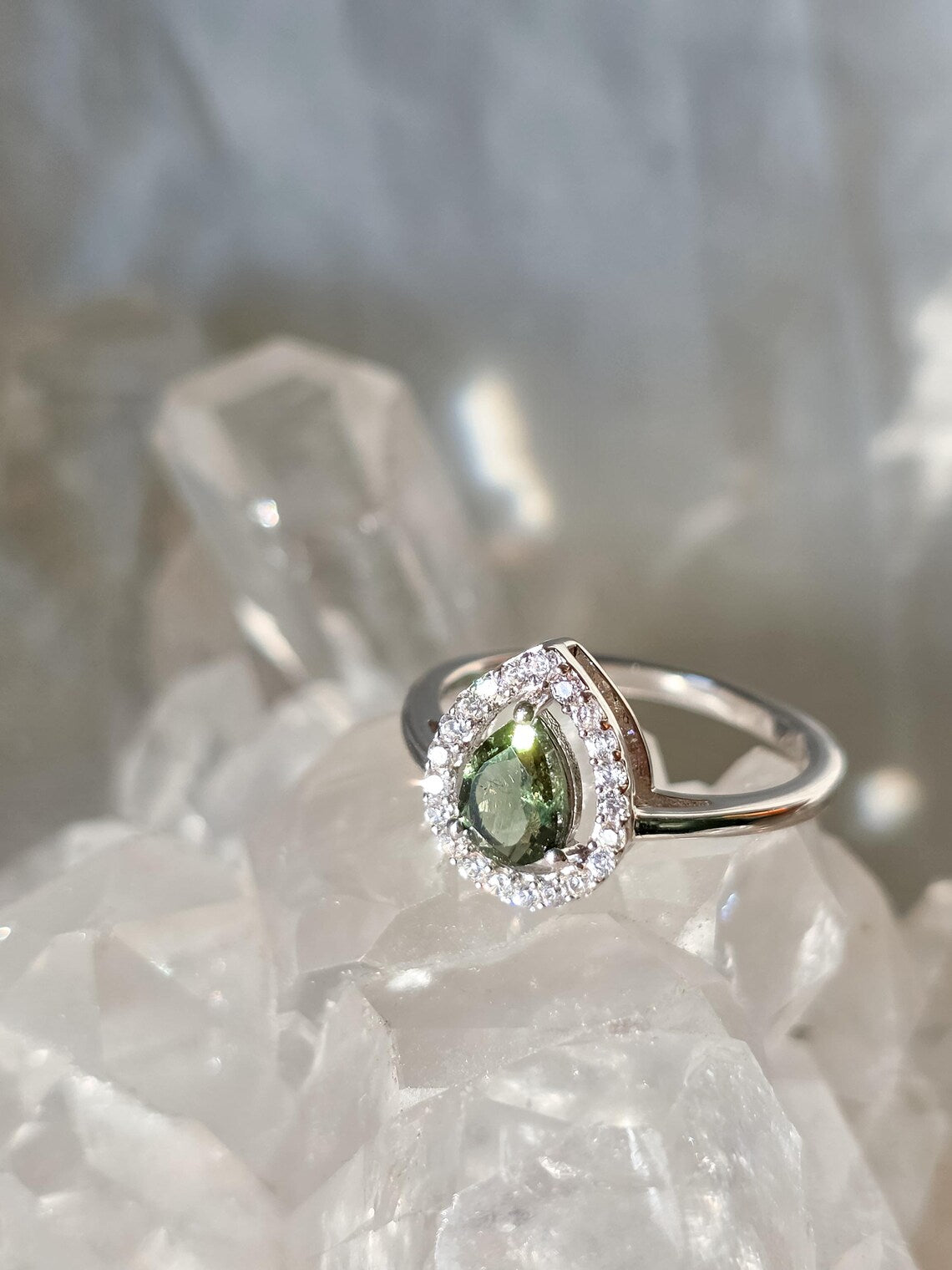 Pear-Cut Faceted Moldavite Ring, Chlum, 0.45g