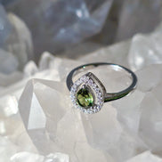 Pear-Cut Faceted Moldavite Ring, Chlum, 0.45g