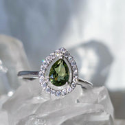 Pear-Cut Faceted Moldavite Ring, Chlum, 0.45g