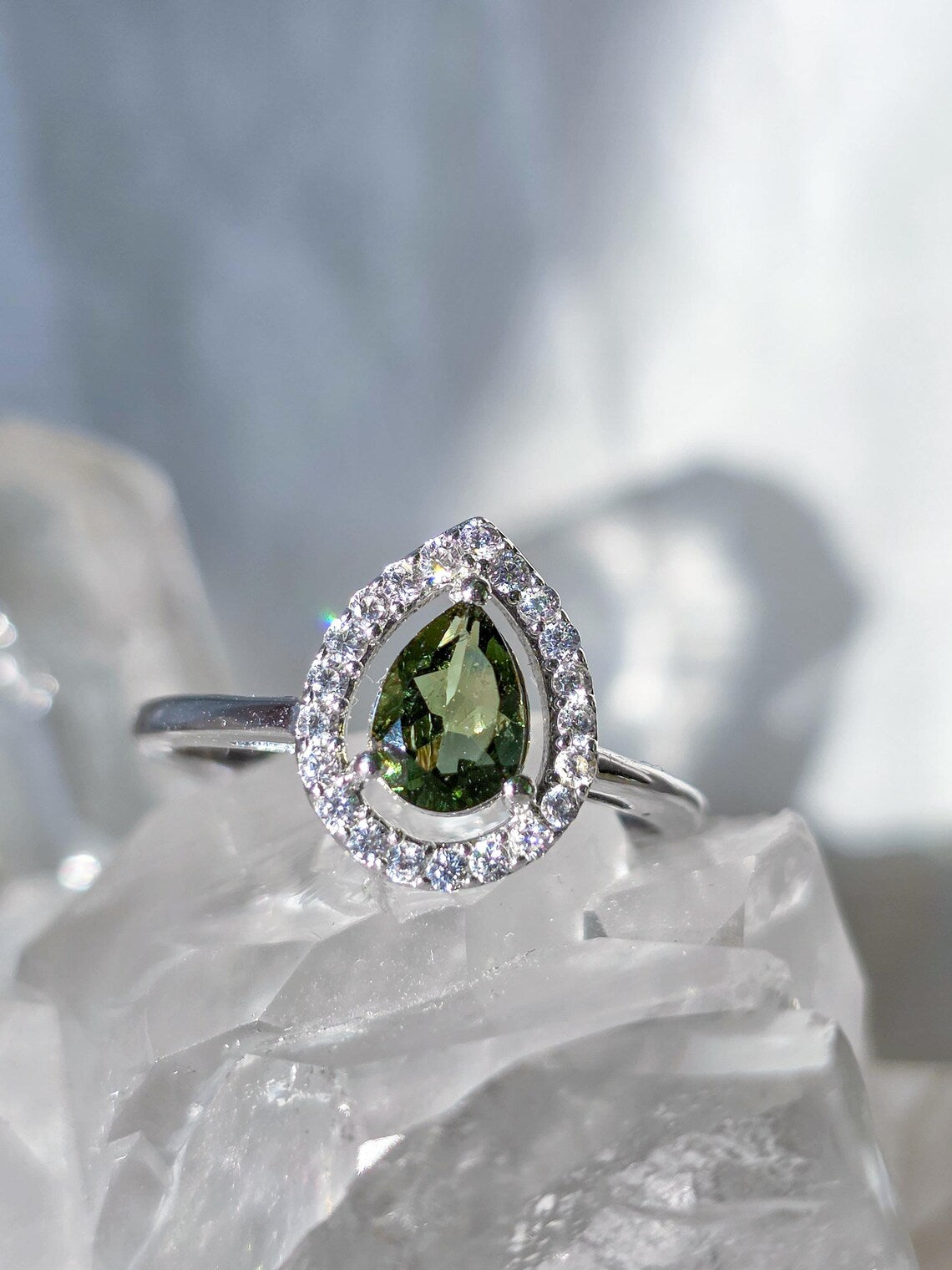 Pear-Cut Faceted Moldavite Ring, Chlum, 0.45g