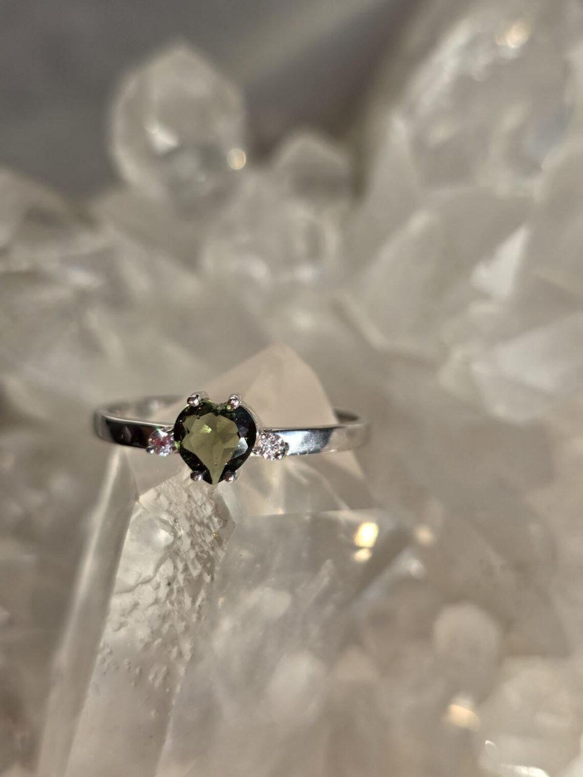Briolette Heart Cut Moldavite Ring, Chlum, 0.25g
