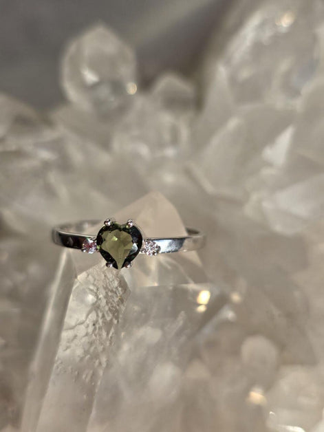Briolette Heart Cut Moldavite Ring, Chlum, 0.25g