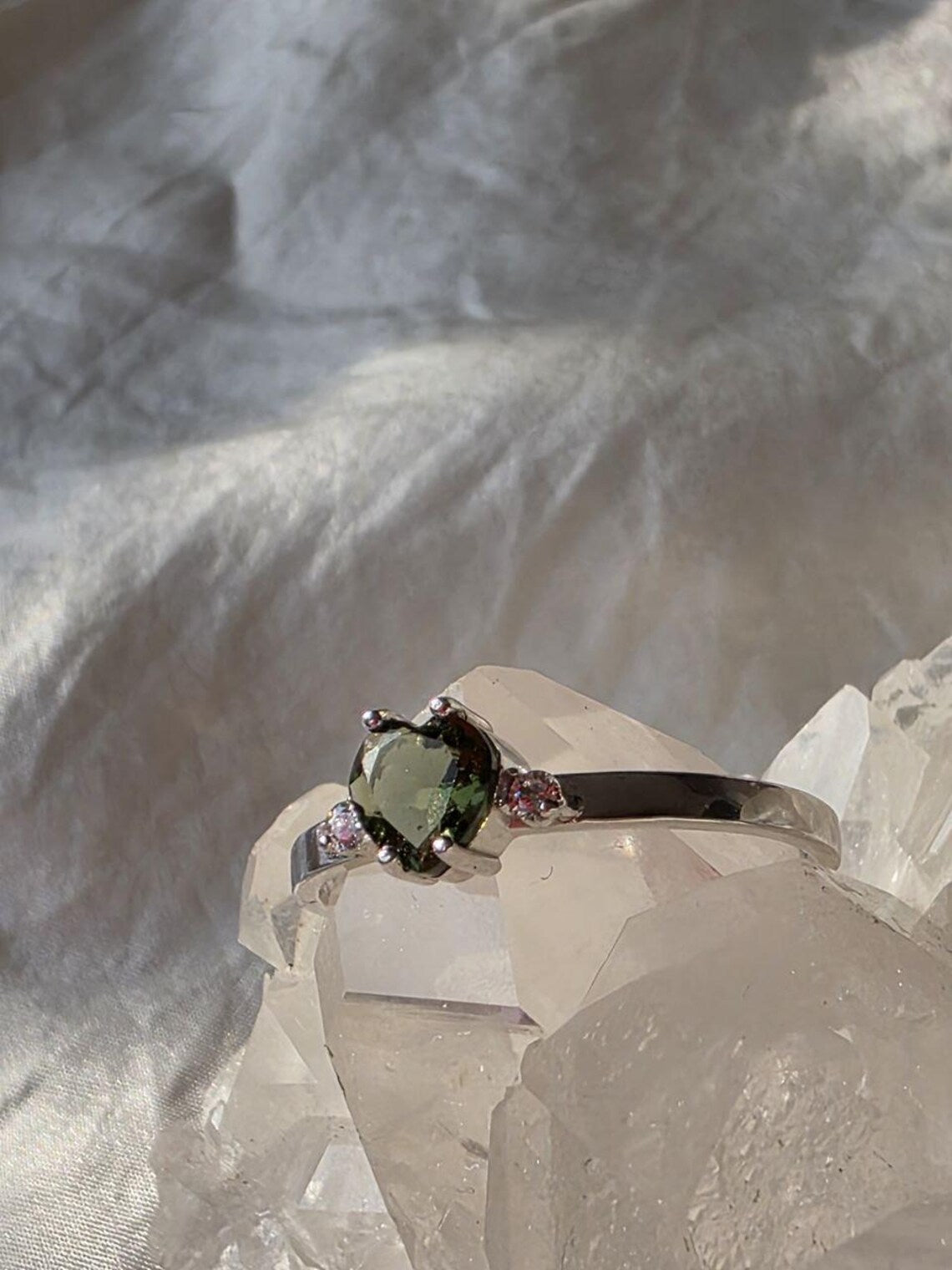 Briolette Heart Cut Moldavite Ring, Chlum, 0.25g