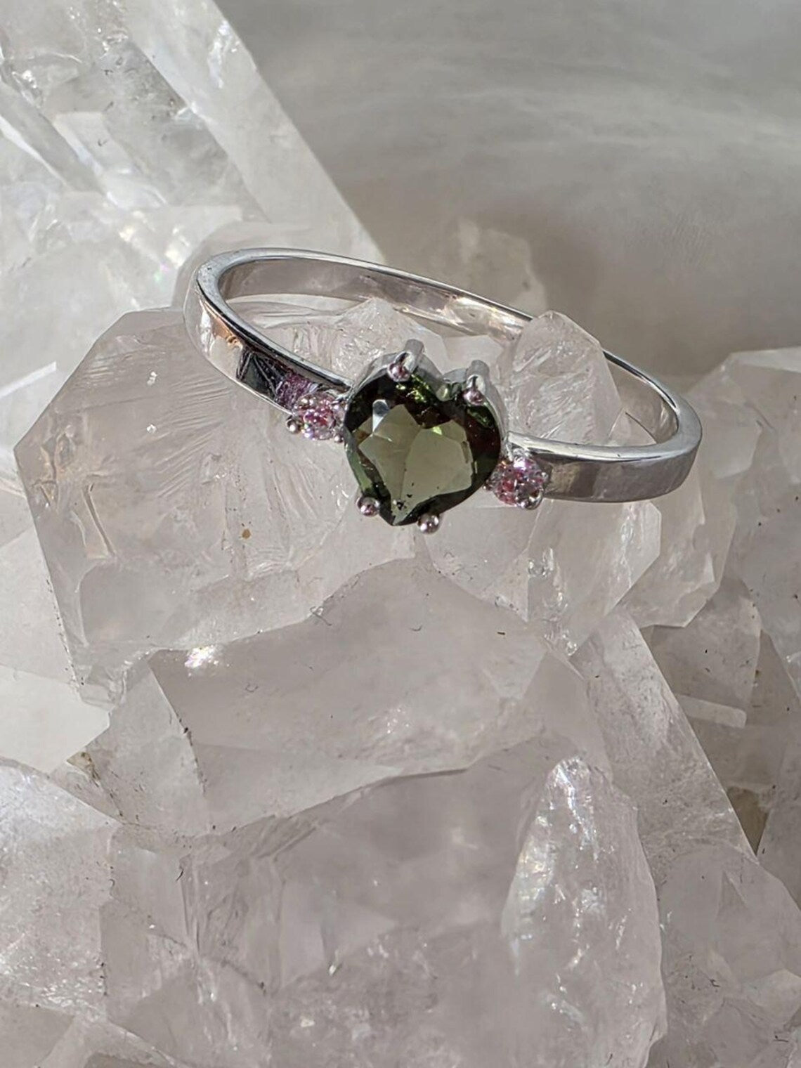 Briolette Heart Cut Moldavite Ring, Chlum, 0.25g