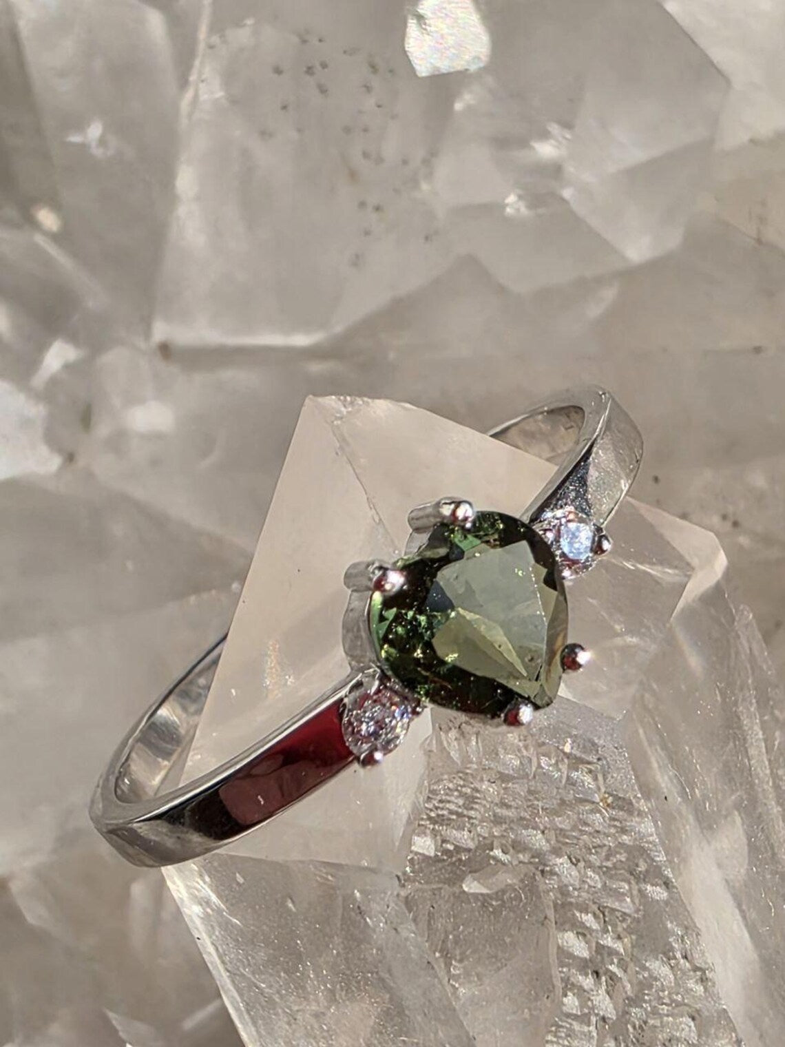 Briolette Heart Cut Moldavite Ring, Chlum, 0.25g
