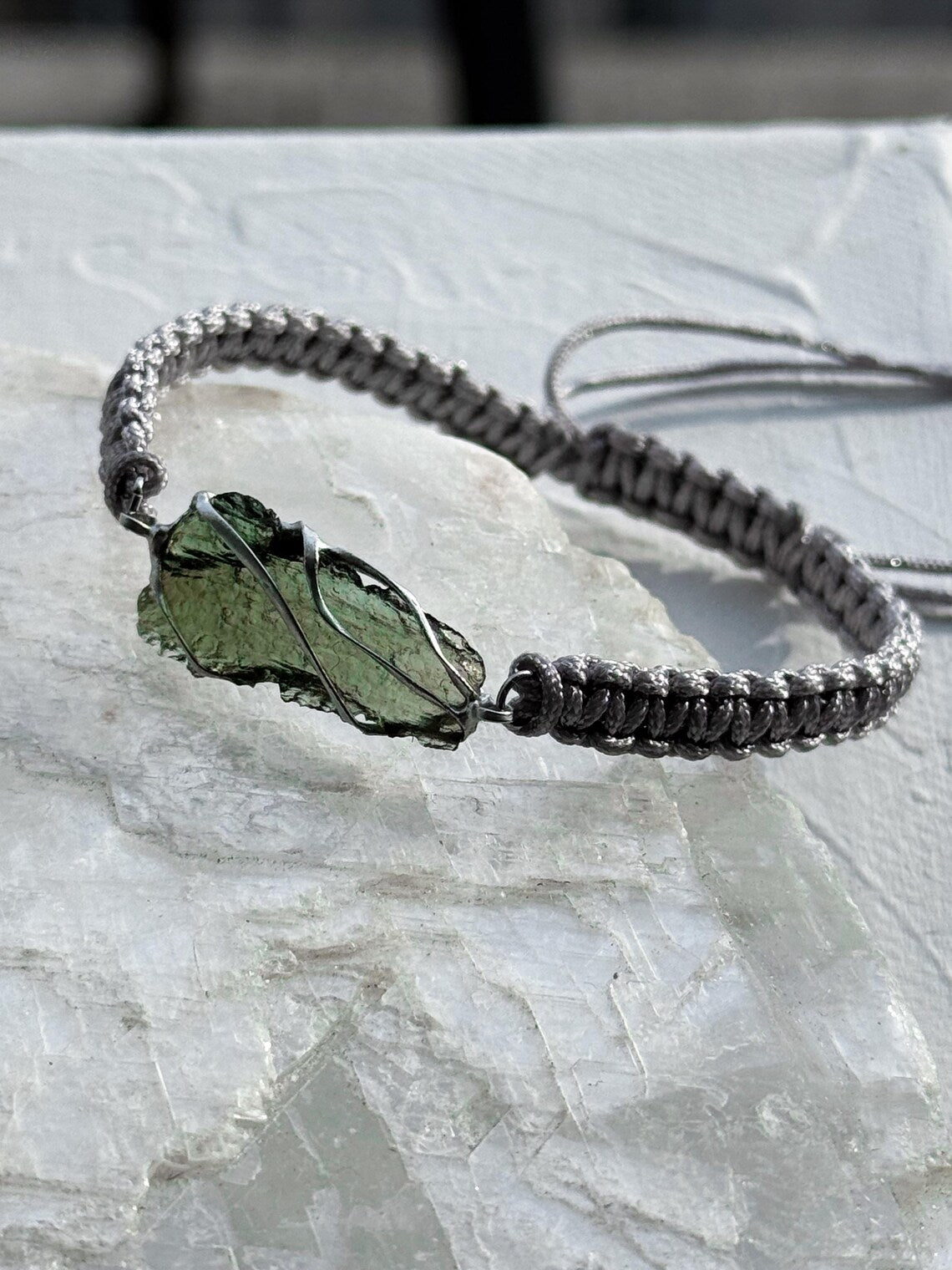 Moldavite Bracelet, Chlum, 0.9g, Silver Nylon Cord