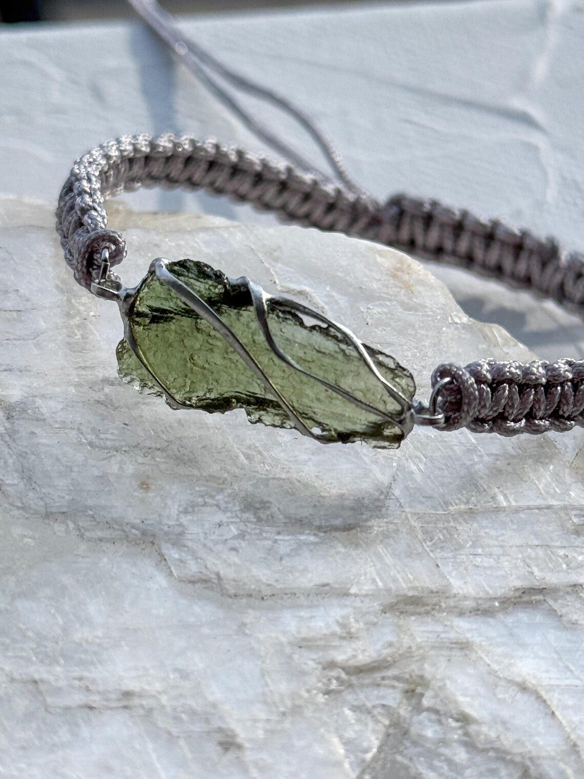 Moldavite Bracelet, Chlum, 0.9g, Silver Nylon Cord