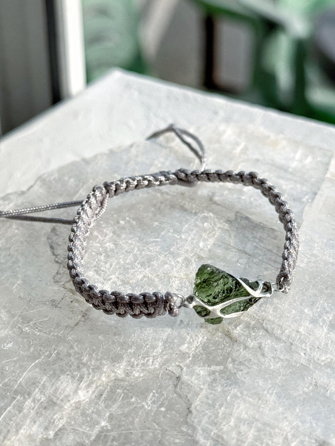 Moldavite Bracelet, Chlum, 0.9g, Silver Nylon Cord