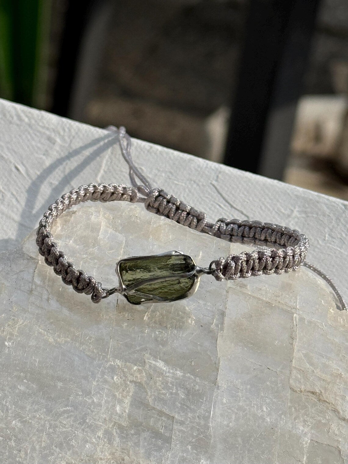 Moldavite Bracelet, Chlum, 0.9g, Silver Nylon Cord