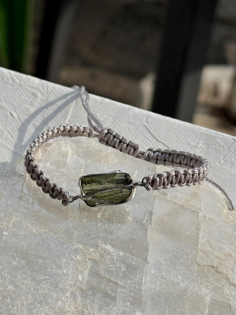 Moldavite Bracelet, Chlum, 0.9g, Silver Nylon Cord
