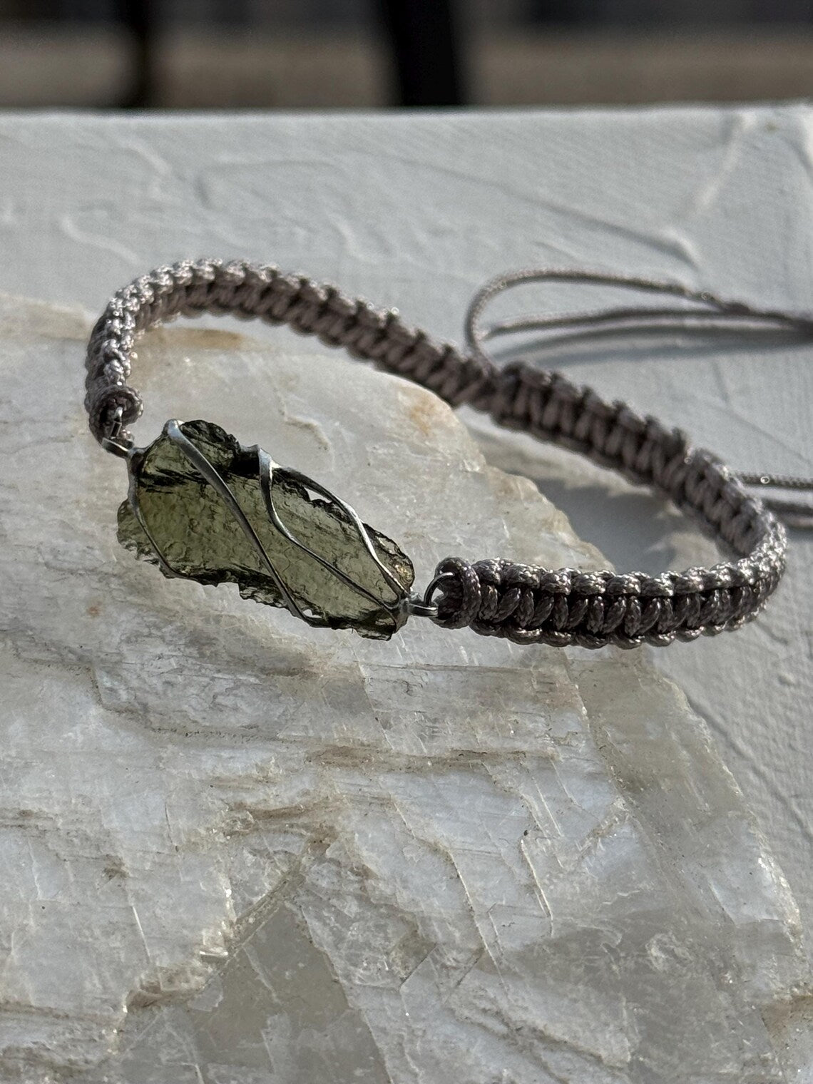 Moldavite Bracelet, Chlum, 0.9g, Silver Nylon Cord