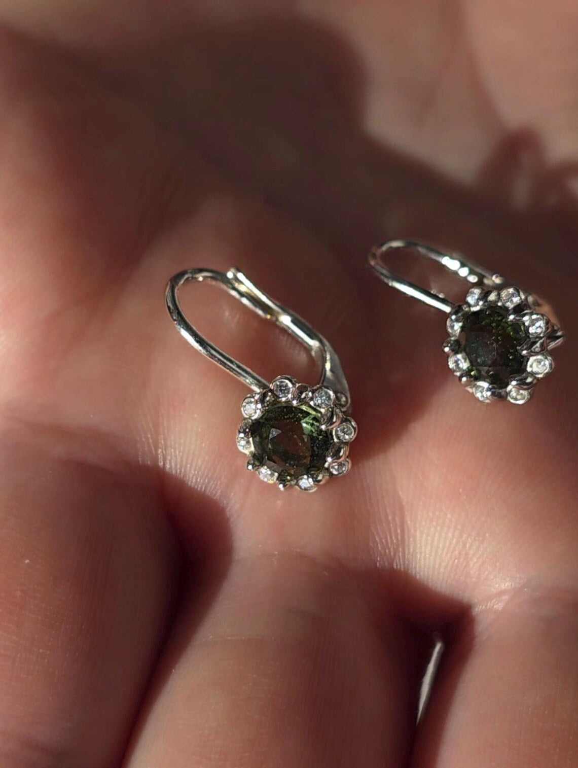 Brilliant Cut Moldavite Earrings, Chlum, 0.4g