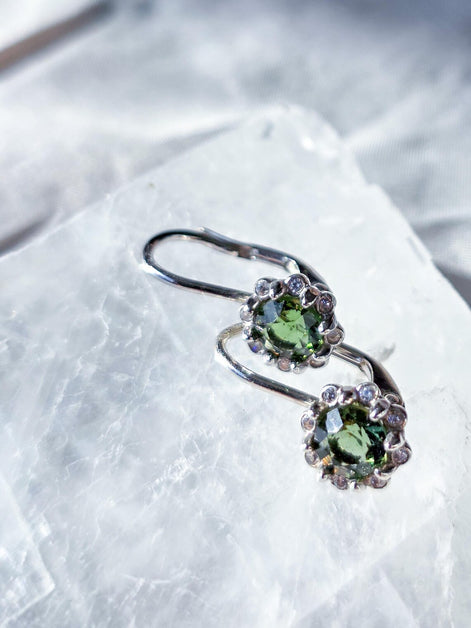 Brilliant Cut Moldavite Earrings, Chlum, 0.4g