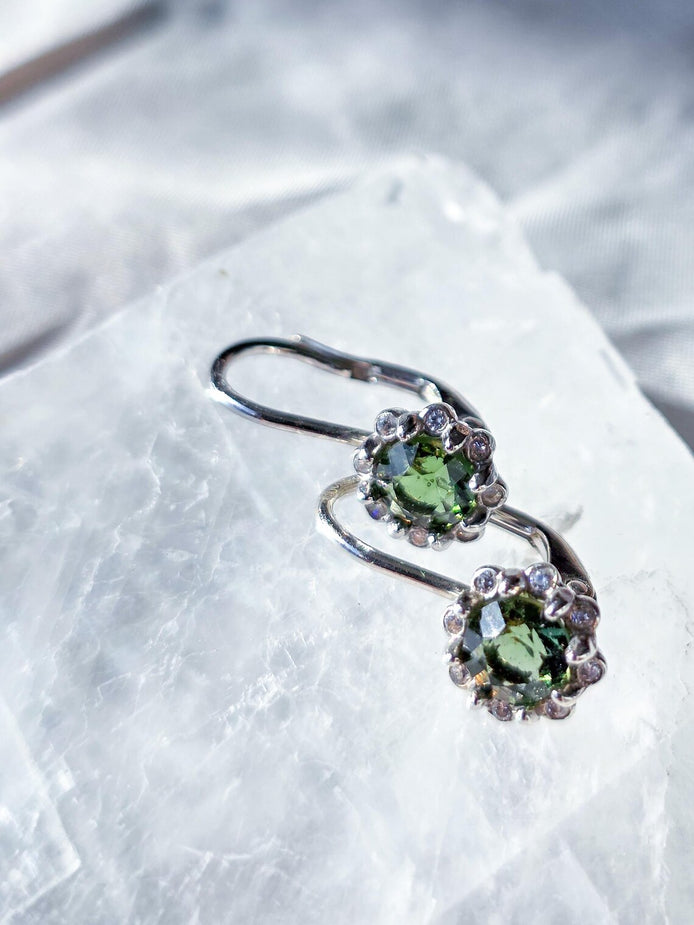 Brilliant Cut Moldavite Earrings, Chlum, 0.4g