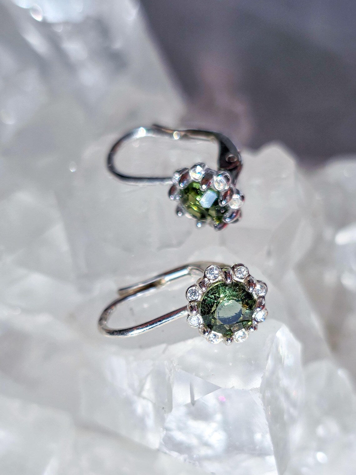 Brilliant Cut Moldavite Earrings, Chlum, 0.4g