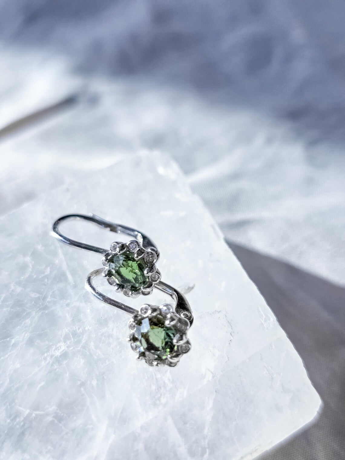 Brilliant Cut Moldavite Earrings, Chlum, 0.4g