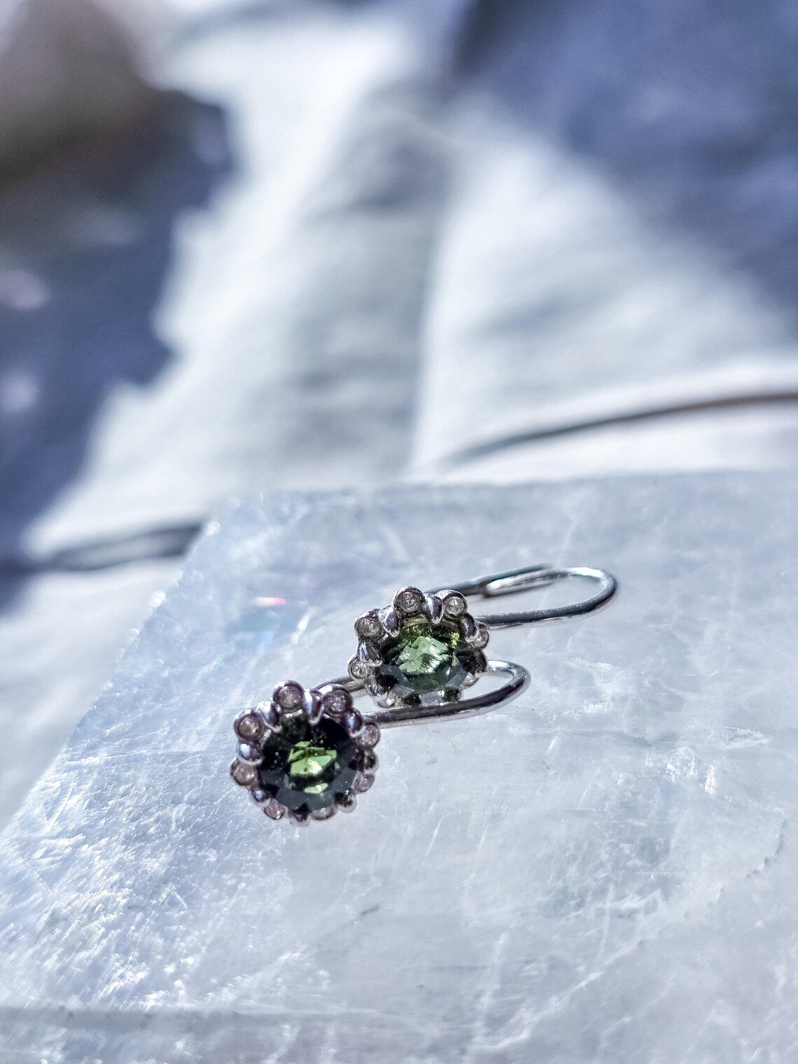 Brilliant Cut Moldavite Earrings, Chlum, 0.4g