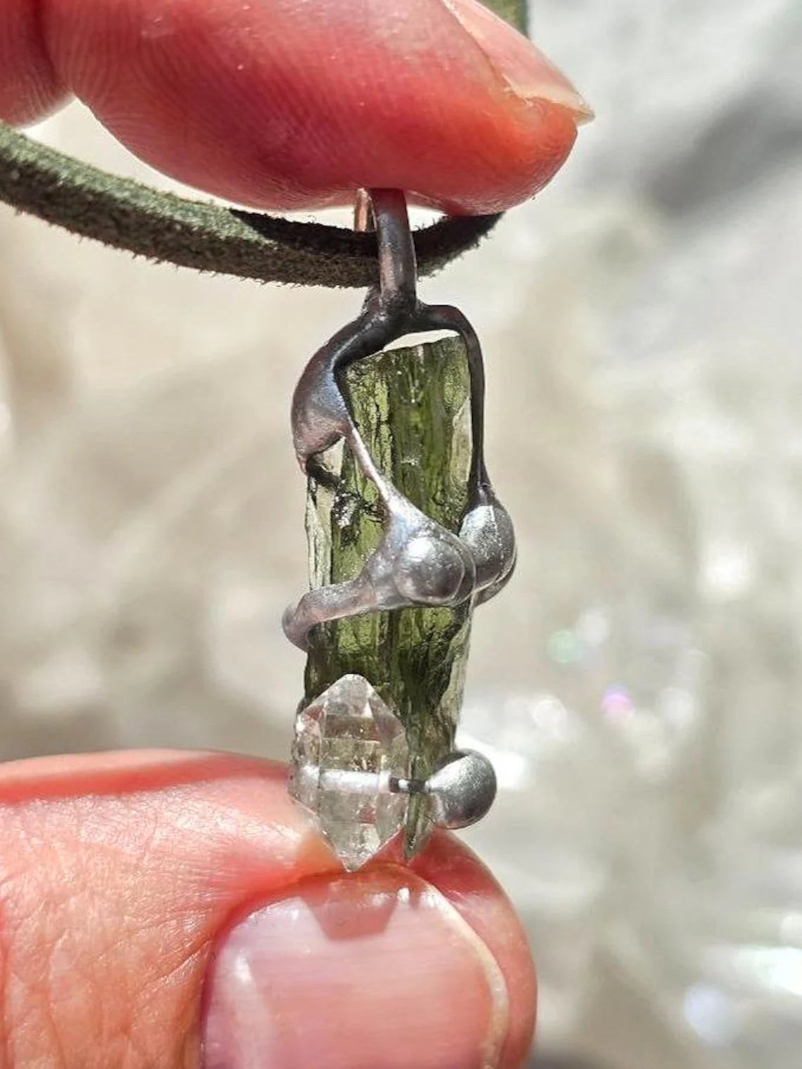 Moldavite & Herkimer Diamond Pendant, Chlum, 2.40g