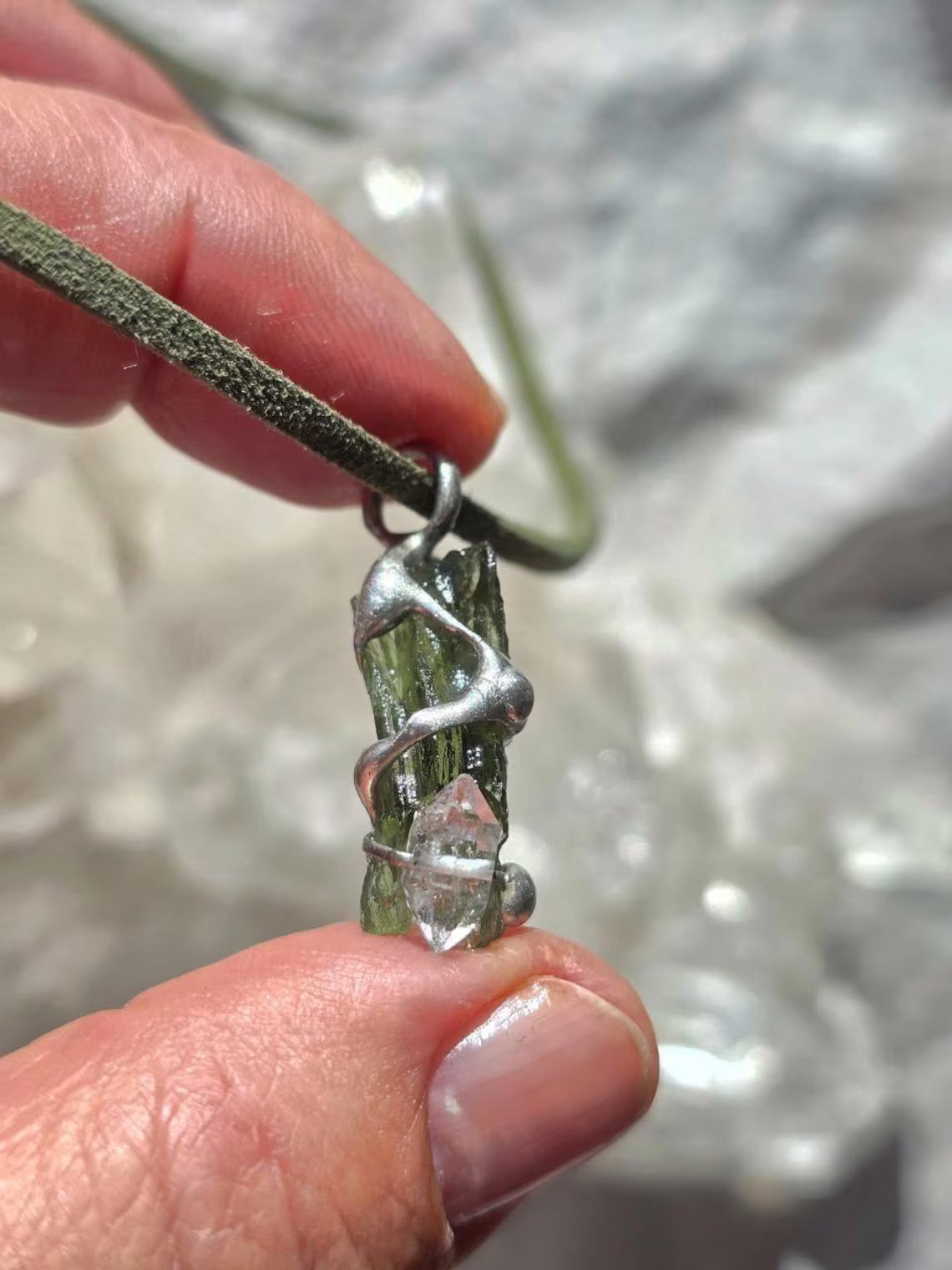 Moldavite & Herkimer Diamond Pendant, Chlum, 2.40g