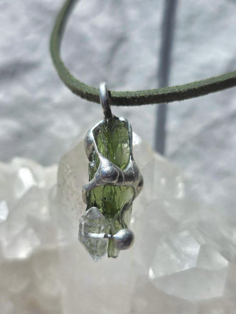 Moldavite & Herkimer Diamond Pendant, Chlum, 2.40g