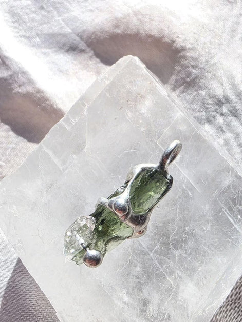 Moldavite & Herkimer Diamond Pendant, Chlum, 2.40g