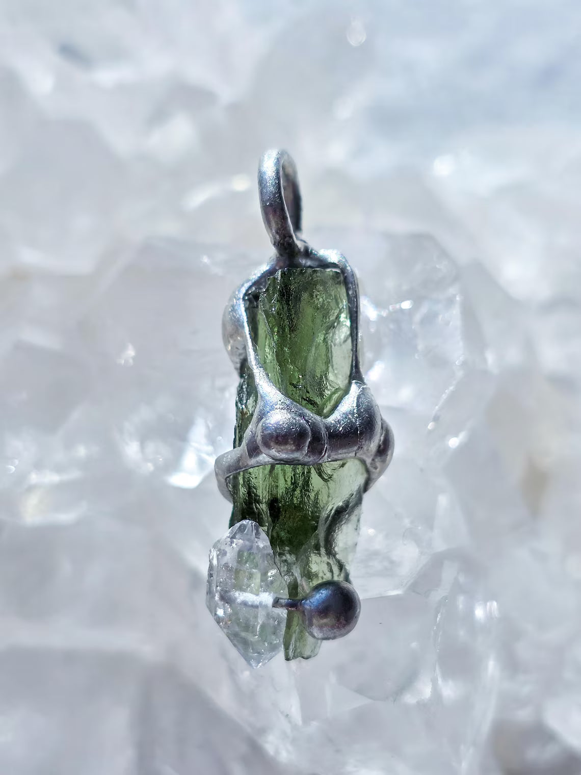 Moldavite & Herkimer Diamond Pendant, Chlum, 2.40g