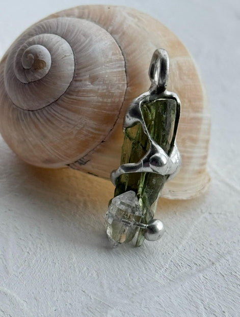 Moldavite & Herkimer Diamond Pendant, Chlum, 2.40g