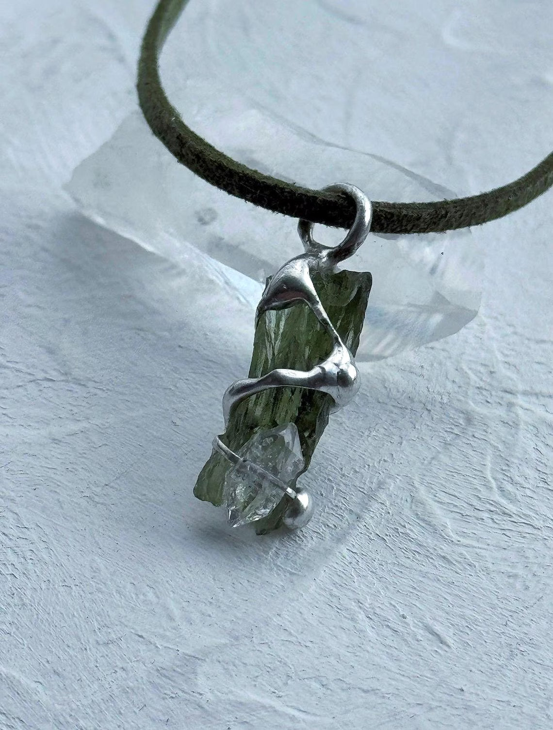 Moldavite & Herkimer Diamond Pendant, Chlum, 2.40g