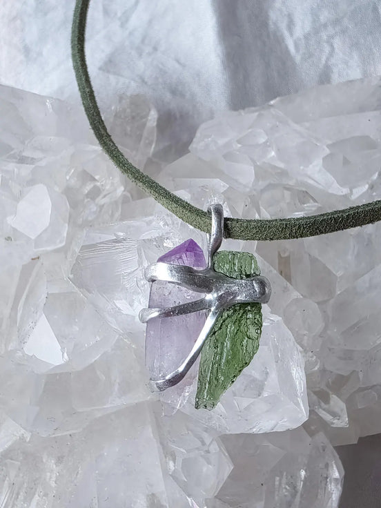 Harmony Pendant Moldavite & Amethyst, Nesměň, 0.95g