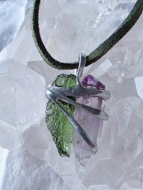 Harmony Pendant Moldavite & Amethyst, Nesměň, 0.95g