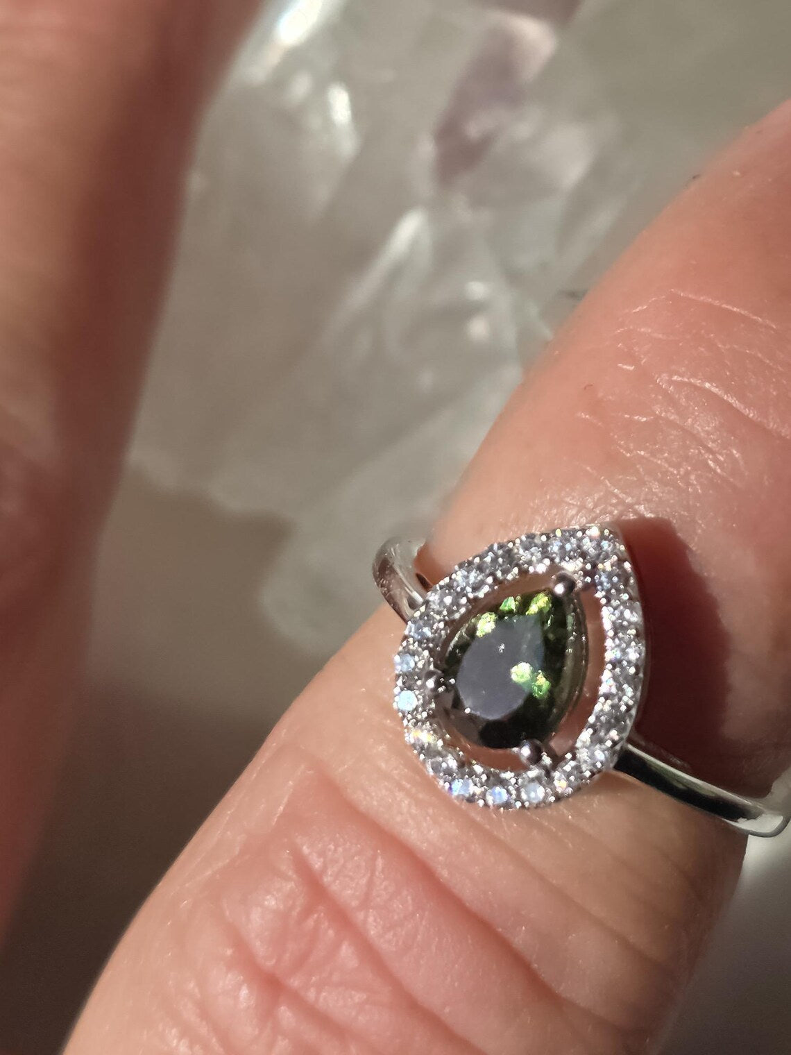 Pear-Cut Faceted Moldavite Ring, Chlum, 0.45g