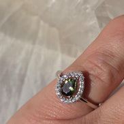 Pear-Cut Faceted Moldavite Ring, Chlum, 0.45g