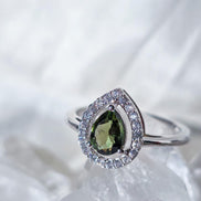 Pear-Cut Faceted Moldavite Ring, Chlum, 0.45g