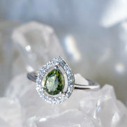 Pear-Cut Faceted Moldavite Ring, Chlum, 0.45g