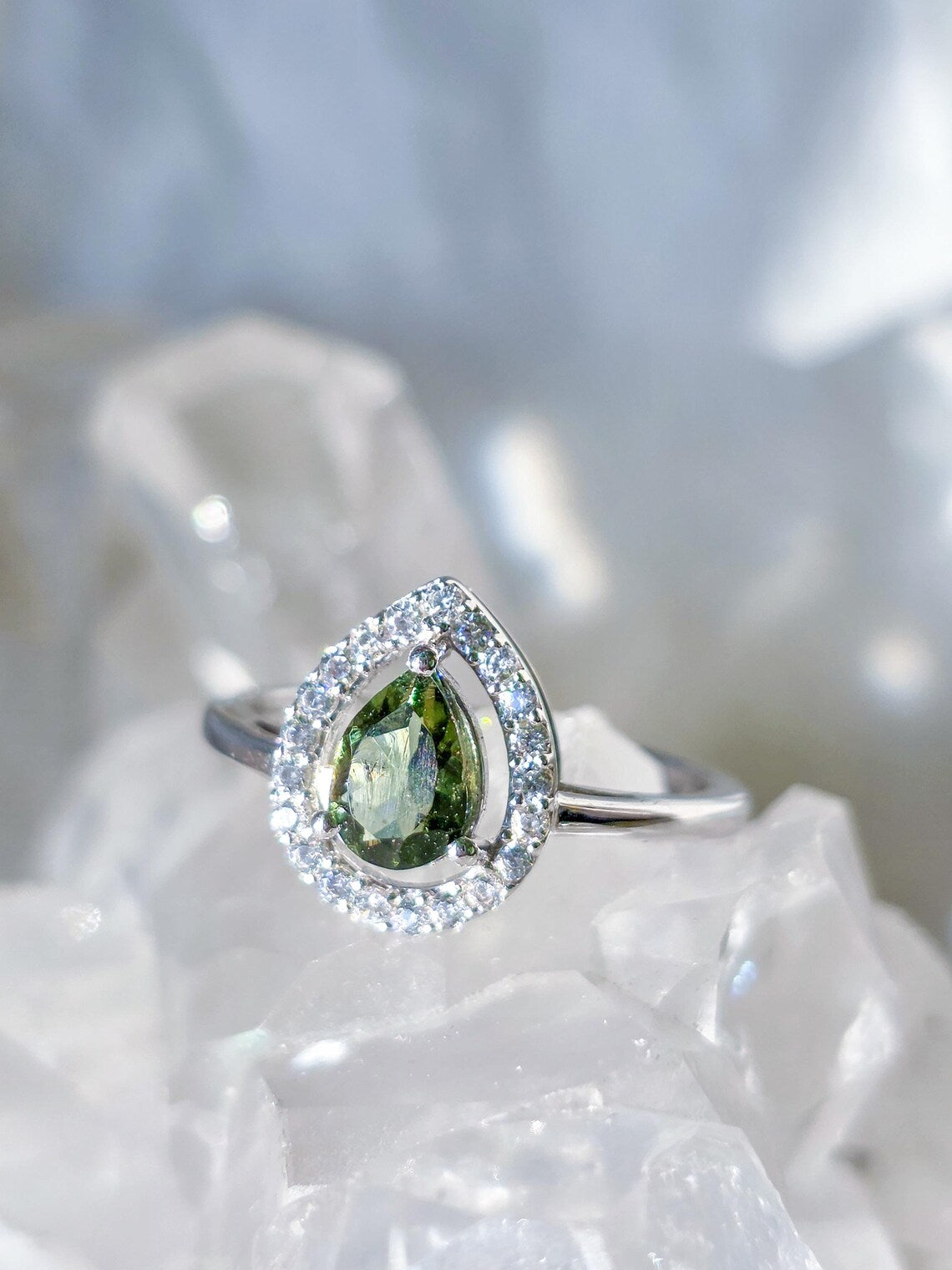 Pear-Cut Faceted Moldavite Ring, Chlum, 0.45g
