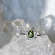Pear-Cut Faceted Moldavite Ring, Chlum, 0.45g