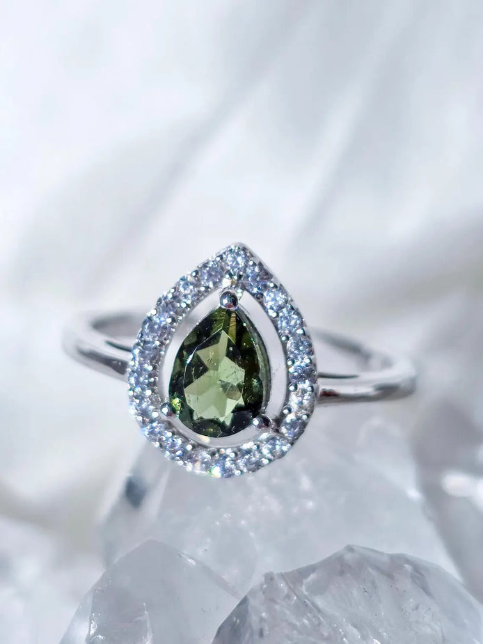 Pear-Cut Faceted Moldavite Ring, Chlum, 0.45g