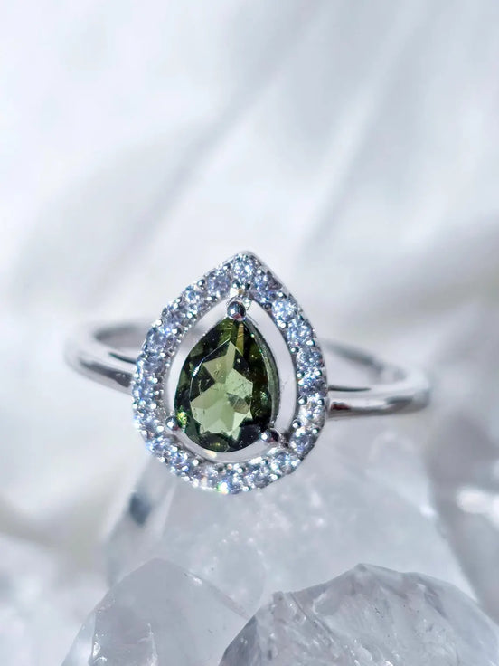 Pear-Cut Faceted Moldavite Ring, Chlum, 0.45g