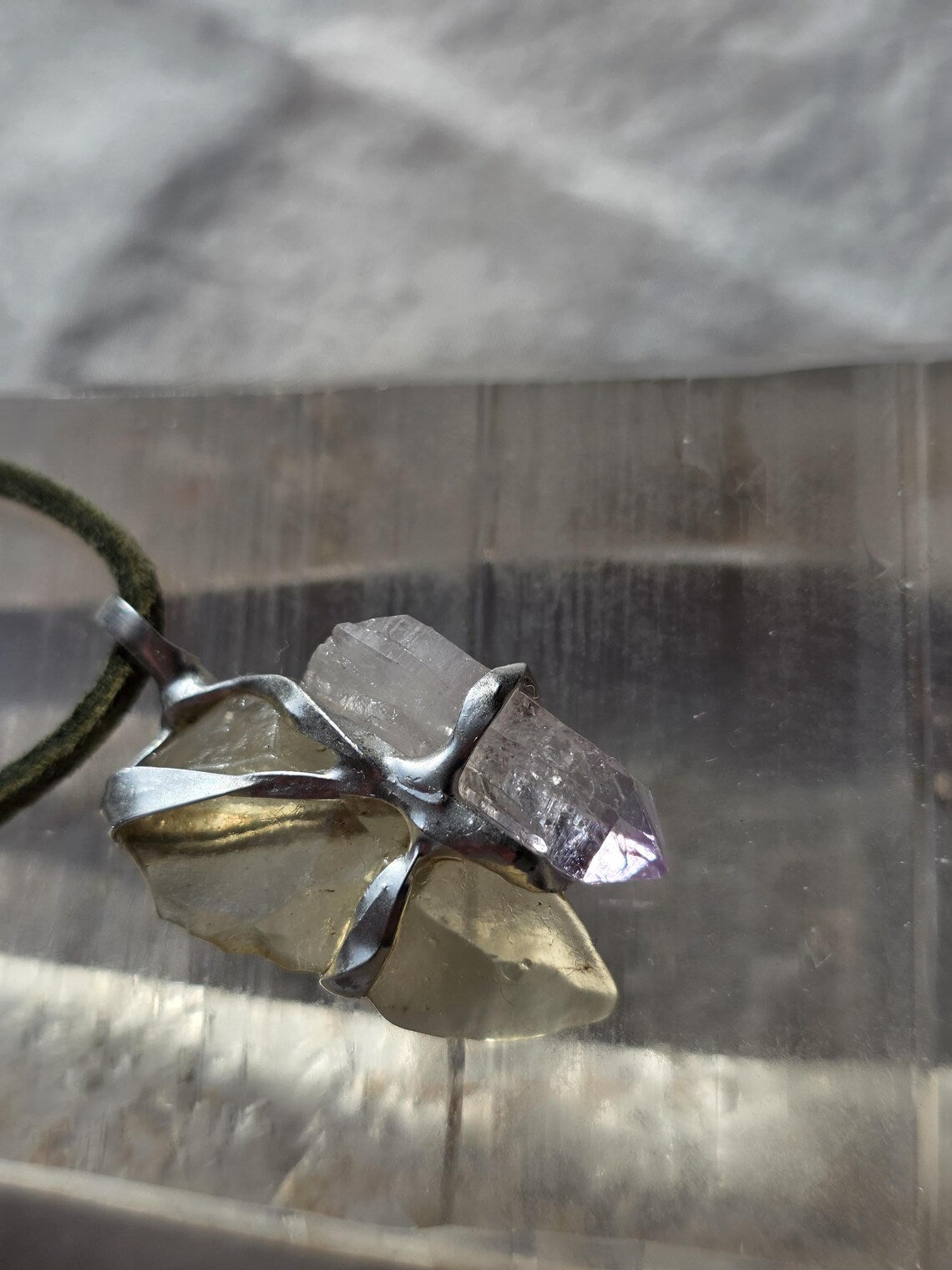 Libyan Desert Glass & Amethyst Pendant, 1.74g
